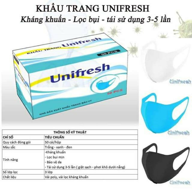 Hộp 50c Khẩu Trang UNIFRESH kháng khuẩn xuất khẩu