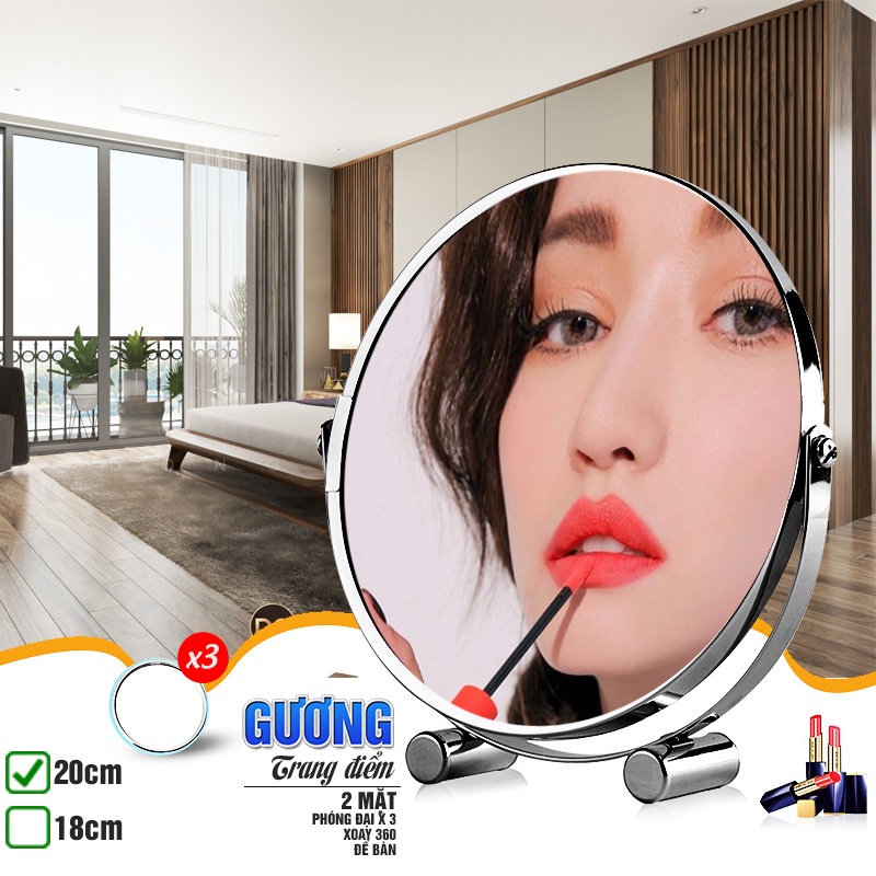 Gương trang điểm để bàn LED, Crom, phóng đại zoom x3, 2 mặt xoay siêu nét Minh House