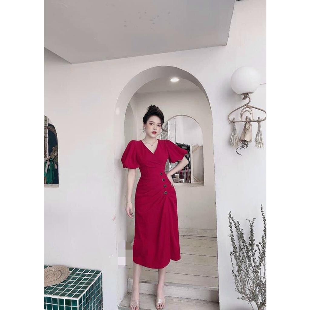 Đầm Cổ V Tay Bèo Phối Nút 3 Màu AKARA HQ071 Phù Hợp Dạo Phố Dự Tiệc Full Size
