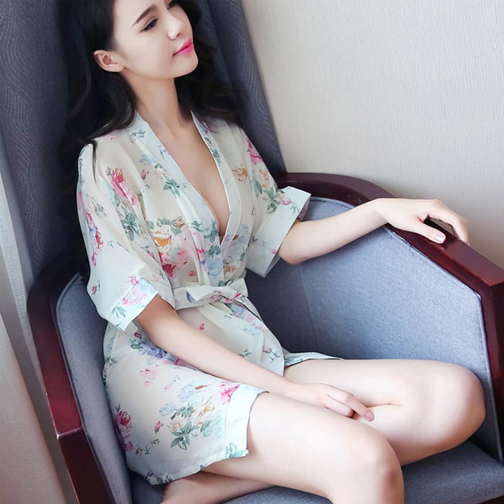 Áo choàng ngủ xuyên thấu sexy kiểu kimono in hoa lá hàng nhập cao cấp