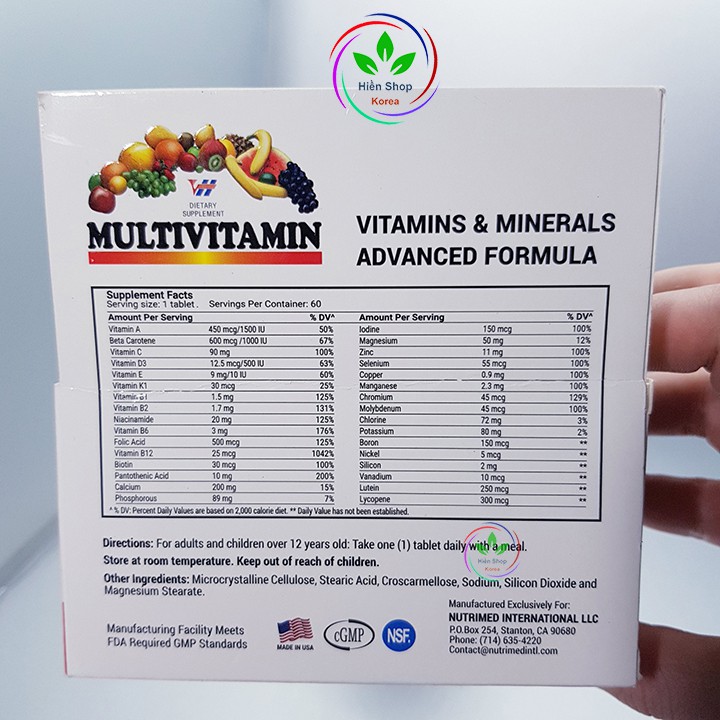 Viên uống vitamin tổng hợp và khoáng chất VH-MULTIVITAMIN của mỹ hộp 60 viên DATE 2023