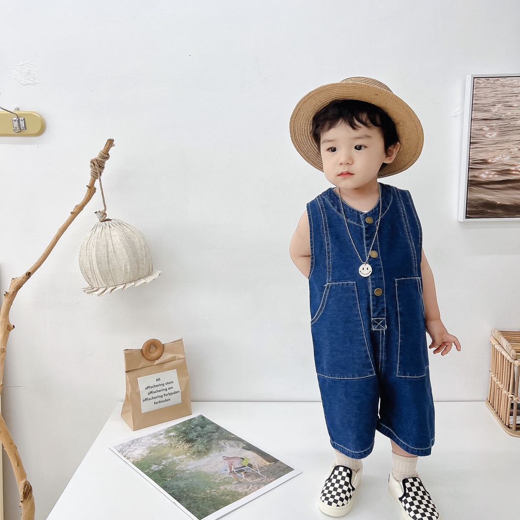 Áo Liền Quần Không Tay Chất Liệu Denim Mềm Mại Thời Trang Mùa Hè 2022 Cho Bé 1-5 Tuổi