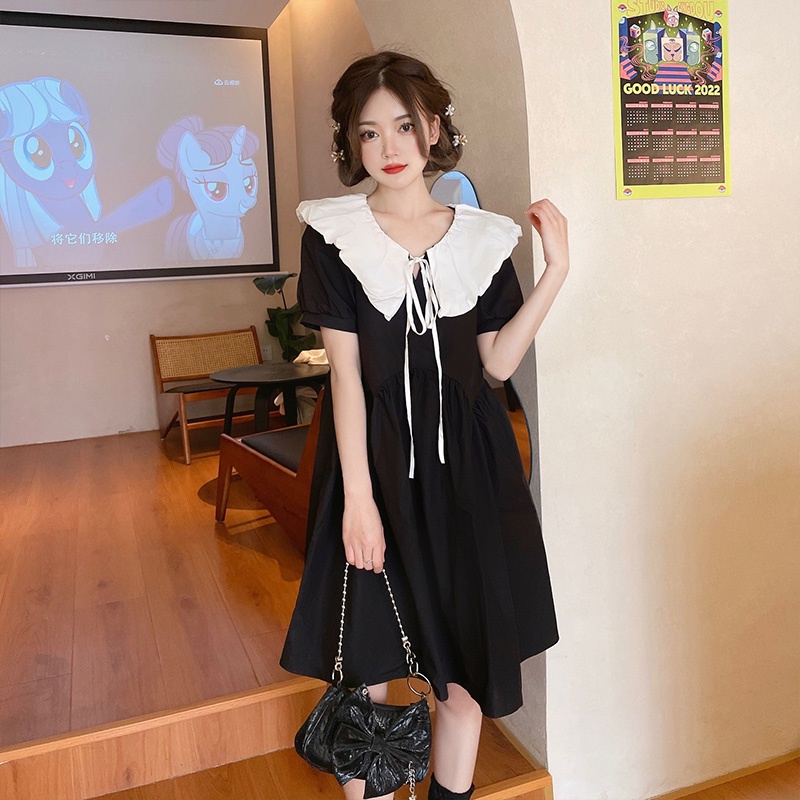 Đầm mini Xinlanyashe cổ búp bê dáng rộng in màu tương phản thời trang mùa hè Hàn Quốc mới váy thiết kế tay bồng