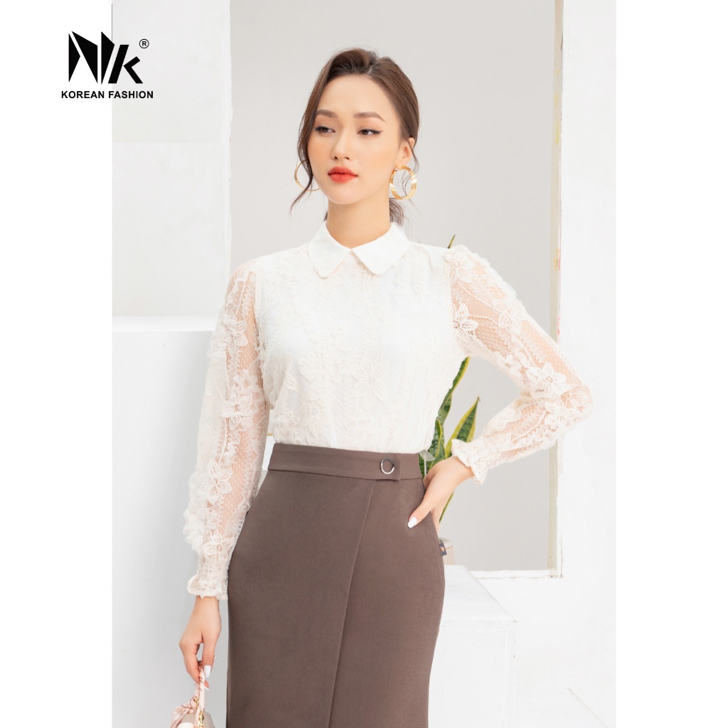 Áo Sơ Mi Nữ Dài Tay NK Fashion Cổ Sen Phối Ren Có Lót Lụa, Chất Liệu Mềm Mịn NKSM2111010