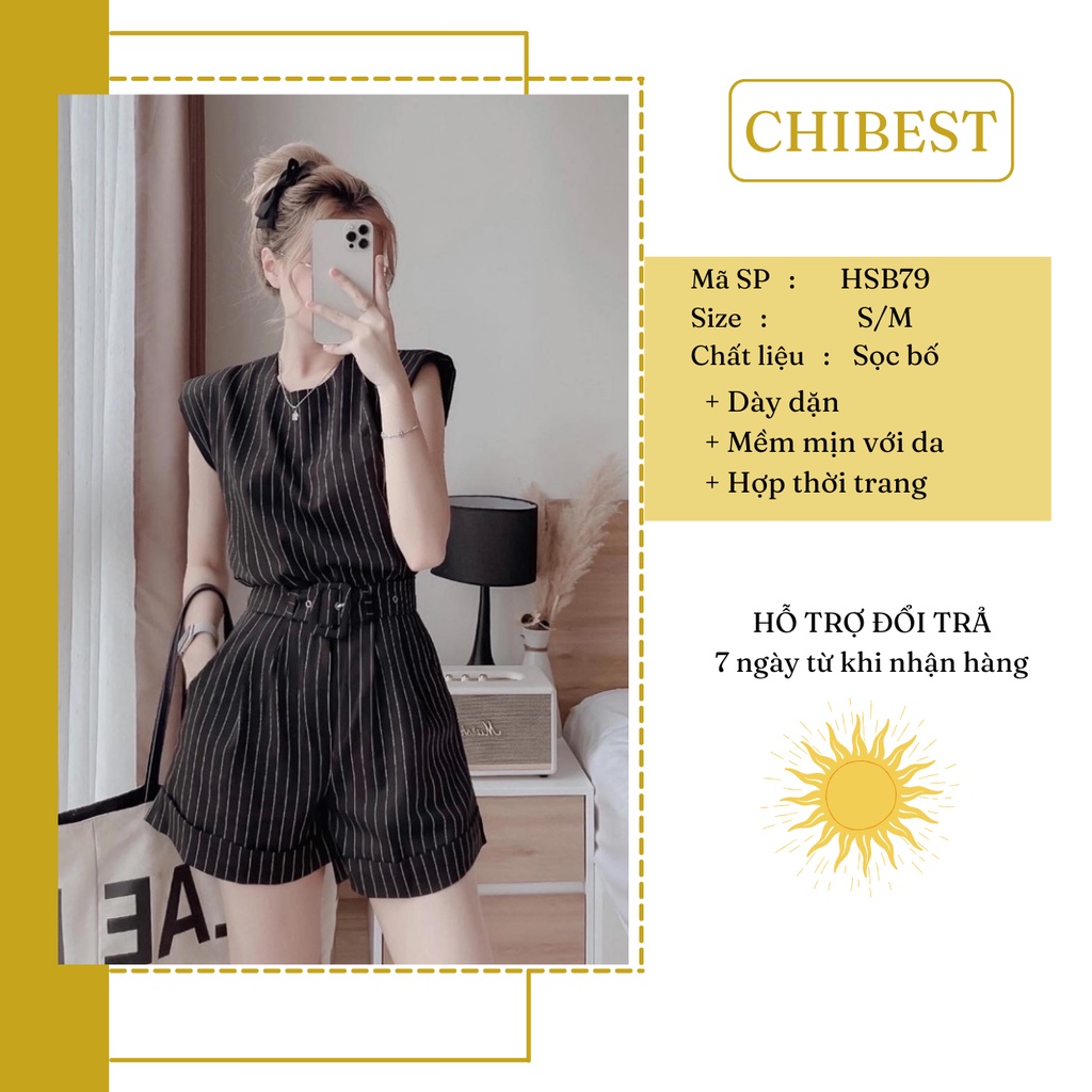 Set short kèm dây betl phối áo cổ tròn tay gấp line chất liệu bố phong cách hàn quốc CHIBEST HSB79