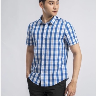 Áo sơ mi nam công sở Aristino tay ngắn màu trắng caro xanh dáng Slim fit chất sợi sồi thời trang ASS008S9