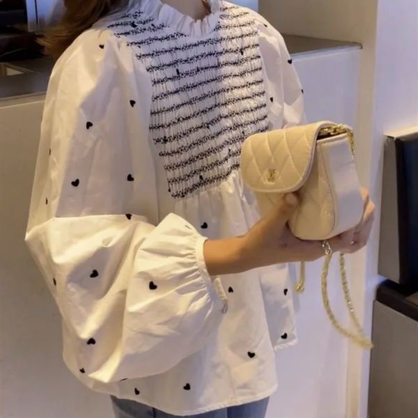 Áo sơ mi tay phồng in họa tiết trái tim phong cách retro mùa thu 2021 cho nữ