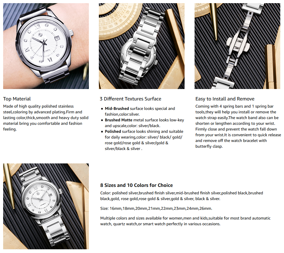 Dây đeo đồng hồ bằng thép không gỉ 16mm / 18mm / 20mm / 21mm / 22mm / 23mm / 24mm / 26mm