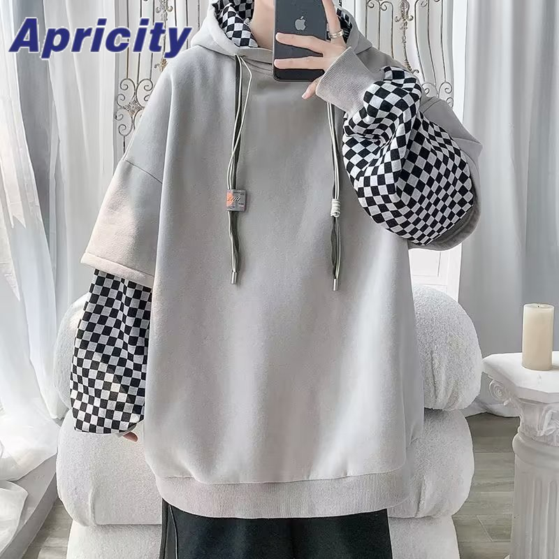 Apriln Áo Khoác sweater Giả Hai Lớp Có Mũ Trùm Dáng Rộng Sọc Caro Phong Cách Đường Phố Xuân Thu Mới Cho Nam