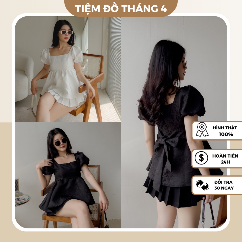 Áo Babydoll Tay Phồng Cổ Vuông, Áo Kiểu Nữ Tay Bồng Dây Nơ Cột Sau Trắng Đen Chất Vải Gấm Cao Cấp Đứng Form Kristy Doll