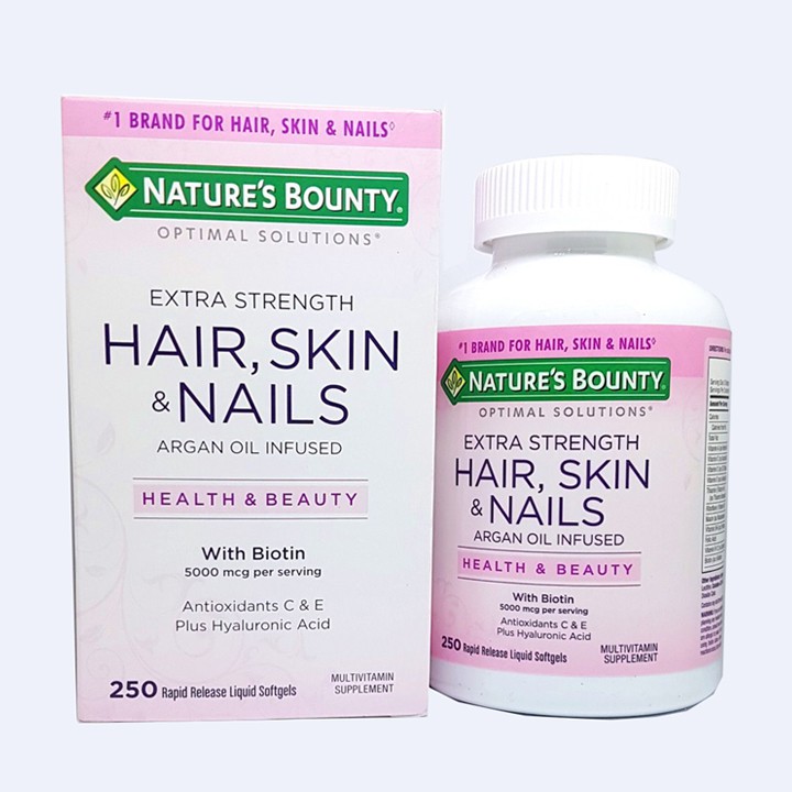 [BILL MỸ] 250 viên Dưỡng da tóc móng Nature's Bounty Optimal Solutions Hair, Skin & Nails Extra Strength [DATE 8.2023]