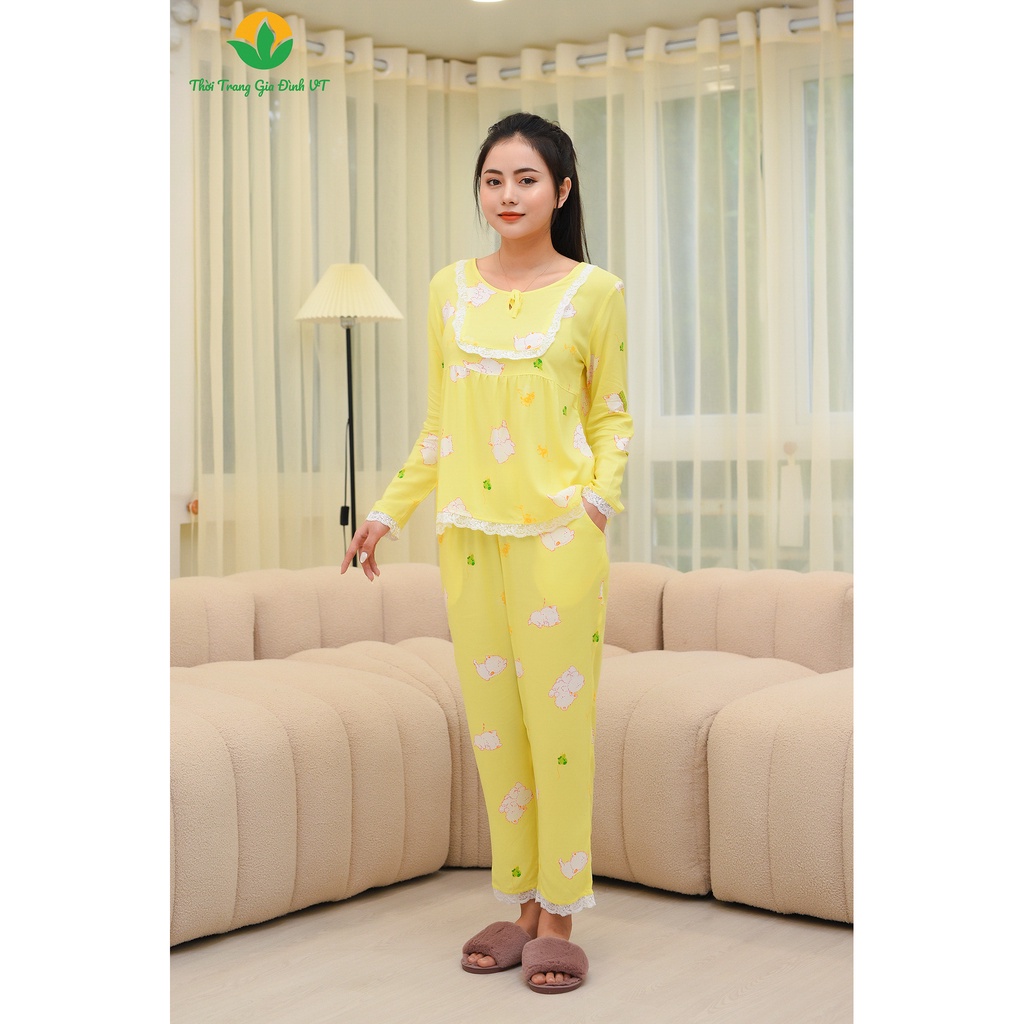 Đồ bộ mặc nhà Việt Thắng quần dài, áo dài tay nữ, chất Lanh - B10.2005