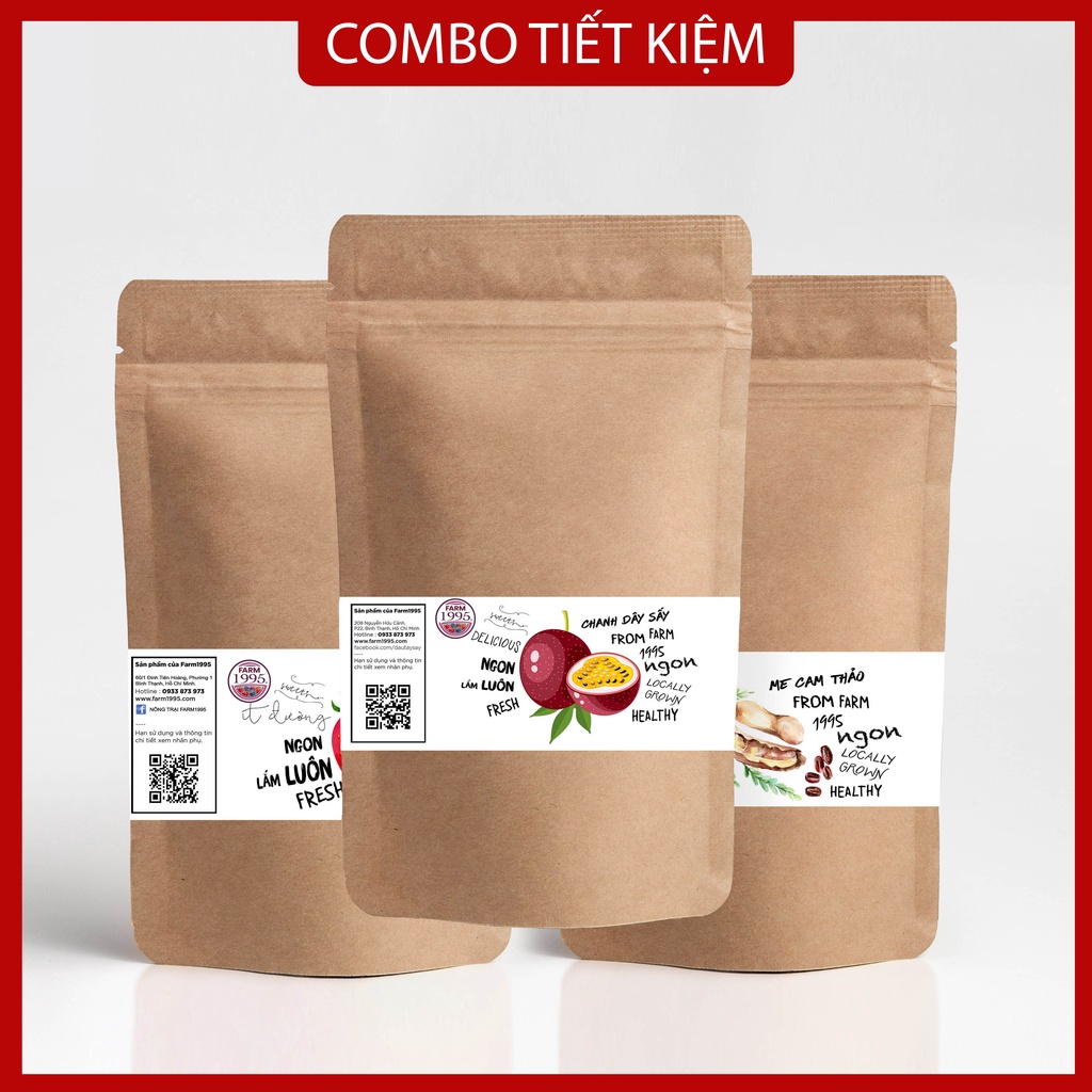 Combo Hoa quả sấy dẻo, Ô mai me cam thảo Farm 1995, Cam sấy dẻo và chanh dây sấy dẻo Farm 1995 - 600g