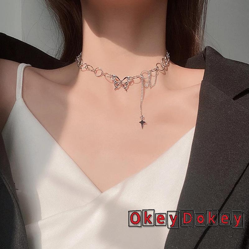OKDK-Women Butterfly Choker Necklace Silver Adjustable Collarbone Chain