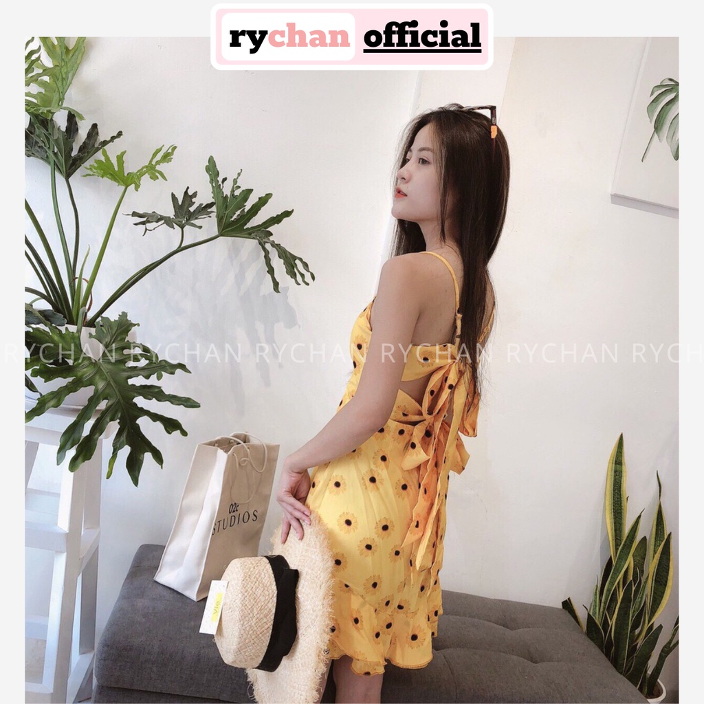 DX929 - Đầm Xòe Hai Dây Hoa Hướng Dương Cột Lưng Kèm Hình Thật Đầm Hở Lưng 2 Dây Đuôi Cá
