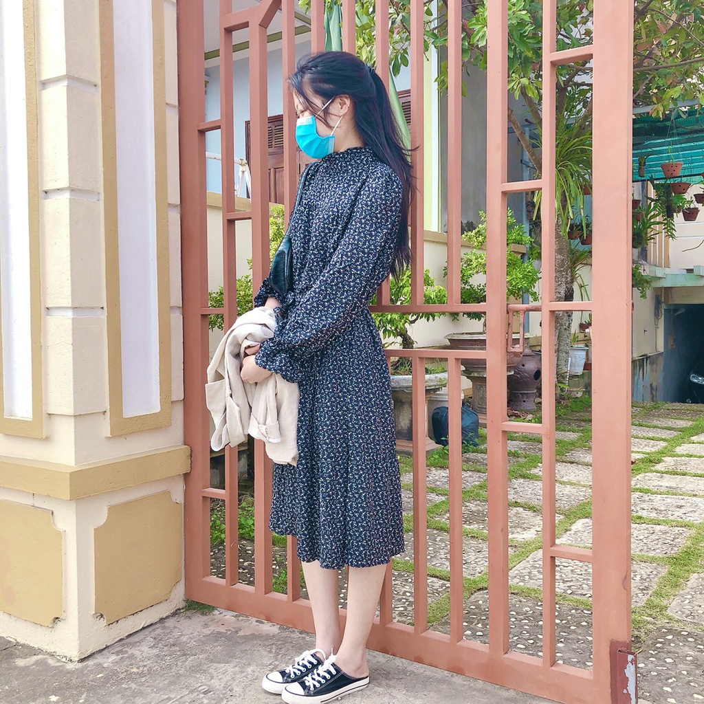 Váy Hoa Nhí Vintage Dáng Suông Thắt Đai Eo Đầm Hoa Tay Bồng Nữ Tính