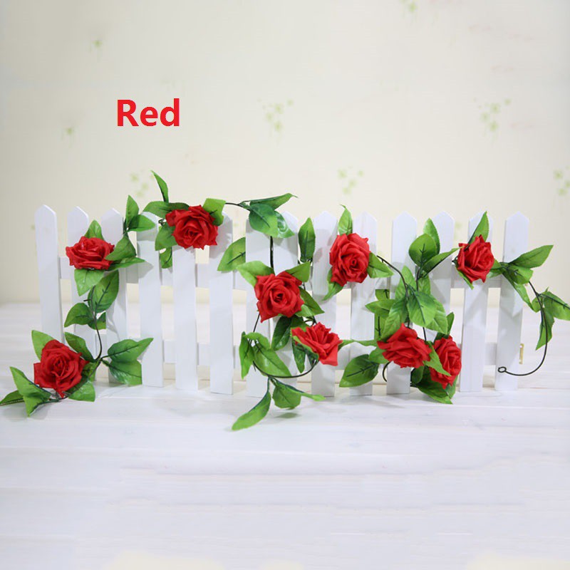 Artificial flower rattan Dây hoa hồng bằng vải lụa & lá thường xuân giả 2.3M treo tường trang trí tiệc cưới