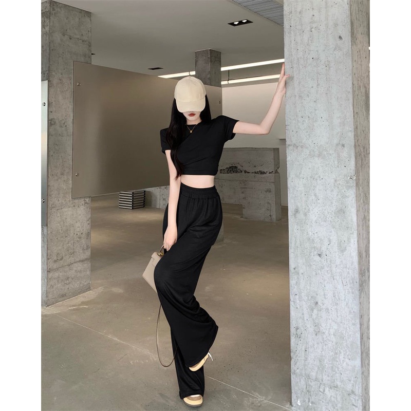 💃 Bộ Áo Croptop Nữ Kèm Quần Culottes Ống Rộng Chất Thun Gân 2 Màu