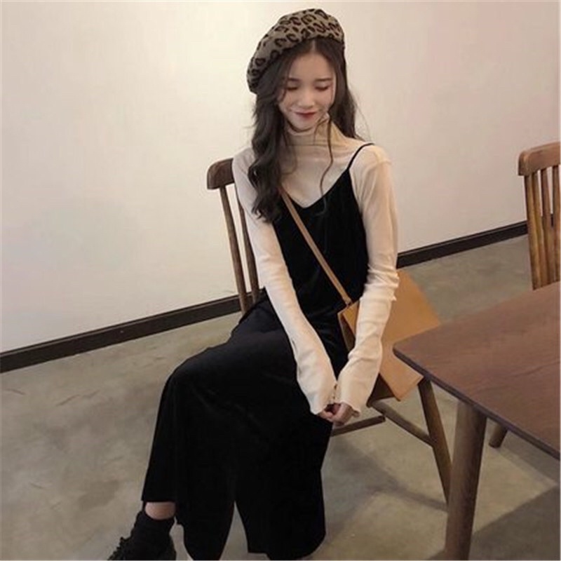 Váy 2 dây nhung suông, đầm nhung form rộng thu đông D882