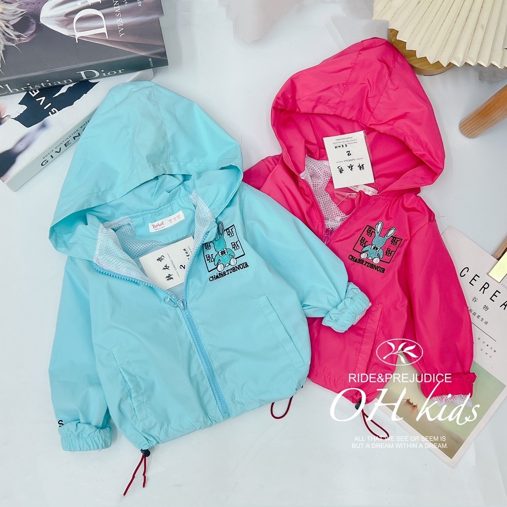 Áo khoác bé gái, bé trai, áo gió 2 lớp họa tiết thỏ thêu BRLO vải chính phẩm siêu đẹp cho bé