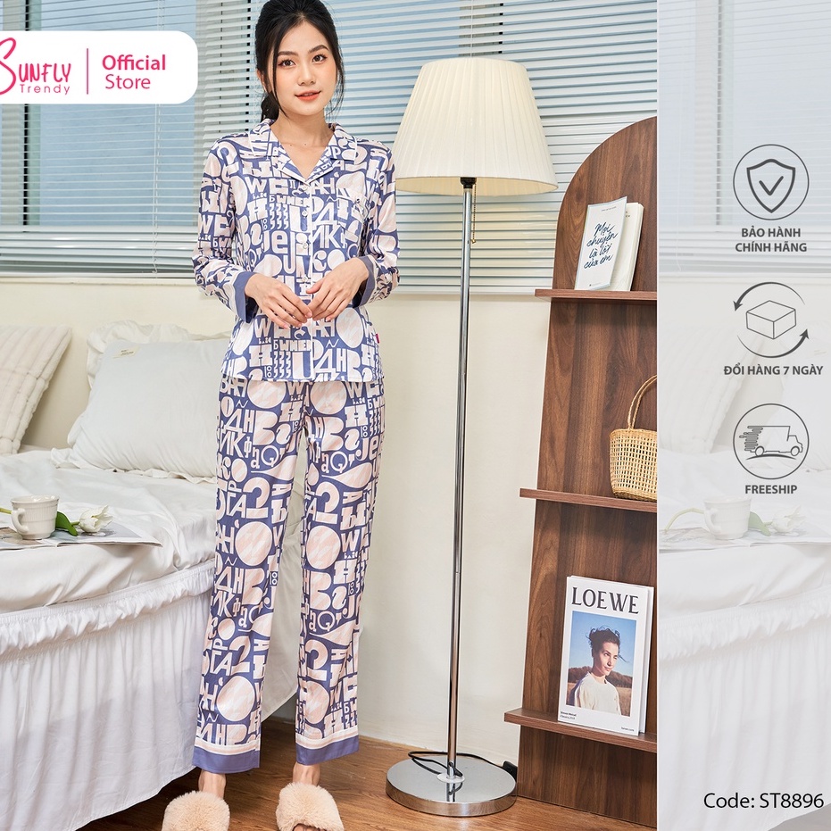 Bộ Đồ Mặc Nhà Nữ Pijamas Lụa  Vân Gỗ Sunfly Áo Dài Quần Dài St8896