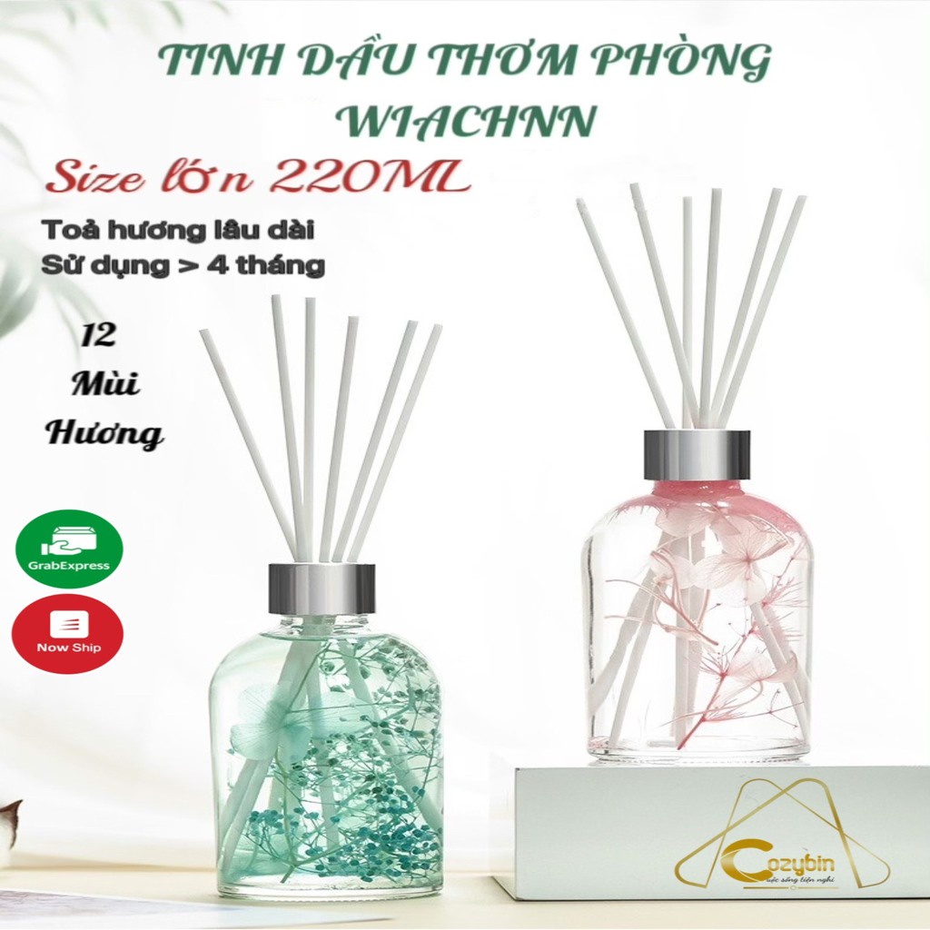 Tinh dầu thơm phòng WIACHNN 200ml tinh dầu thiên nhiên hoa khô vĩnh cửu tặng kèm que gỗ khuếch tán CozyBin