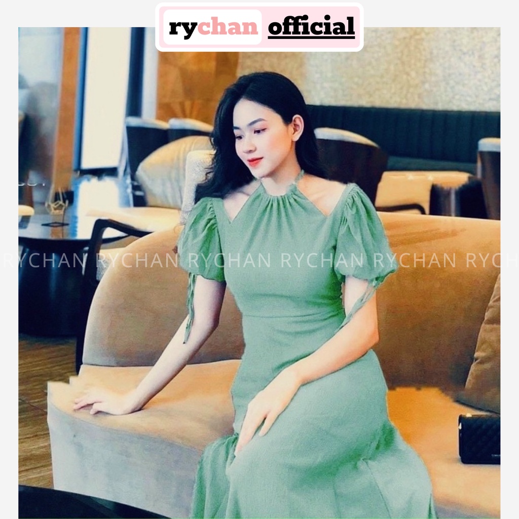 Đầm Váy Nữ Dự Tiệc Cổ Yếm Cách Tân Khoét Vai Tay Bo Dây Cổ Xưa Màu Xanh Đen Trắng [ẢNH THẬT CUỐI] - DX9729