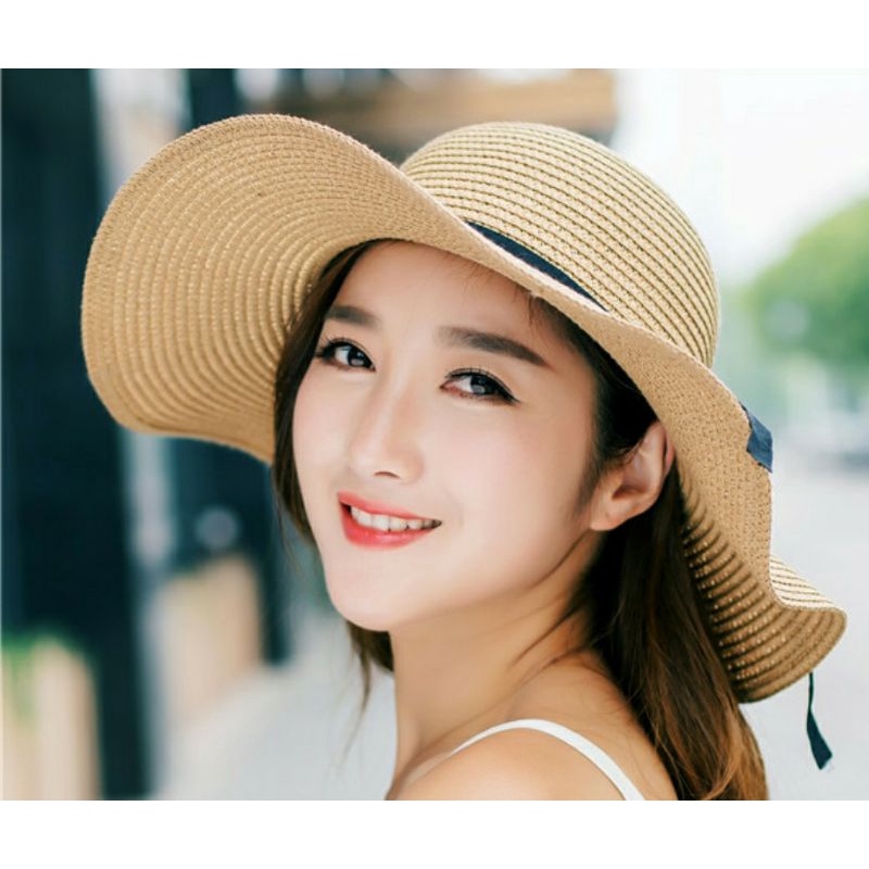 Mũ đi biển cói nón rộng vành chống nắng UV phối dây đen