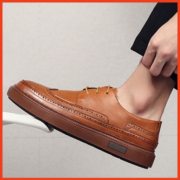 Giày Nam Buộc Dây Họa Tiết Cao Cấp Kiểu Hàn Đế Mềm Êm Chân Tăng Chiều Cao 4cm 2 Màu Đen Và Nâu