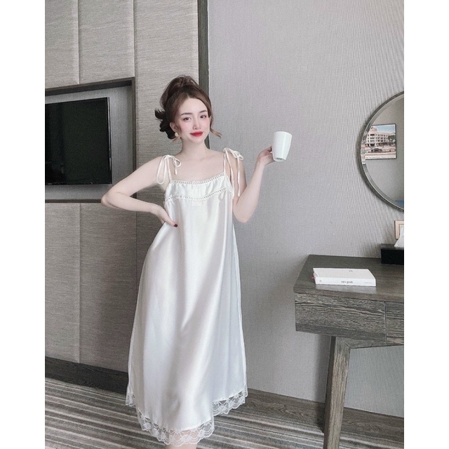 [Hàng mới về] Đầm 2 dây sexy quyến rũ phối ren LỤA LATIN mặc nhặc ngủ cực xinh (mẹ bầu - Sau sinh mặc thoải mái)
