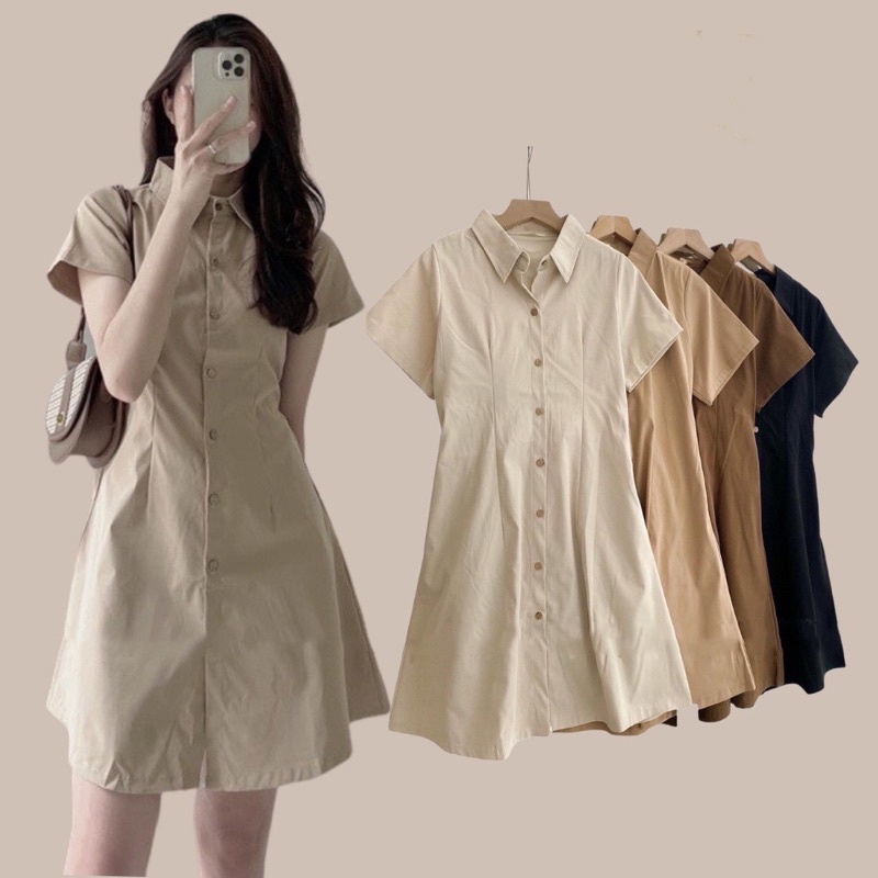 Đầm váy nữ basic cổ sơ mi cài cúc chiết eo lưng chun, váy nữ cộc tay nhiều màu