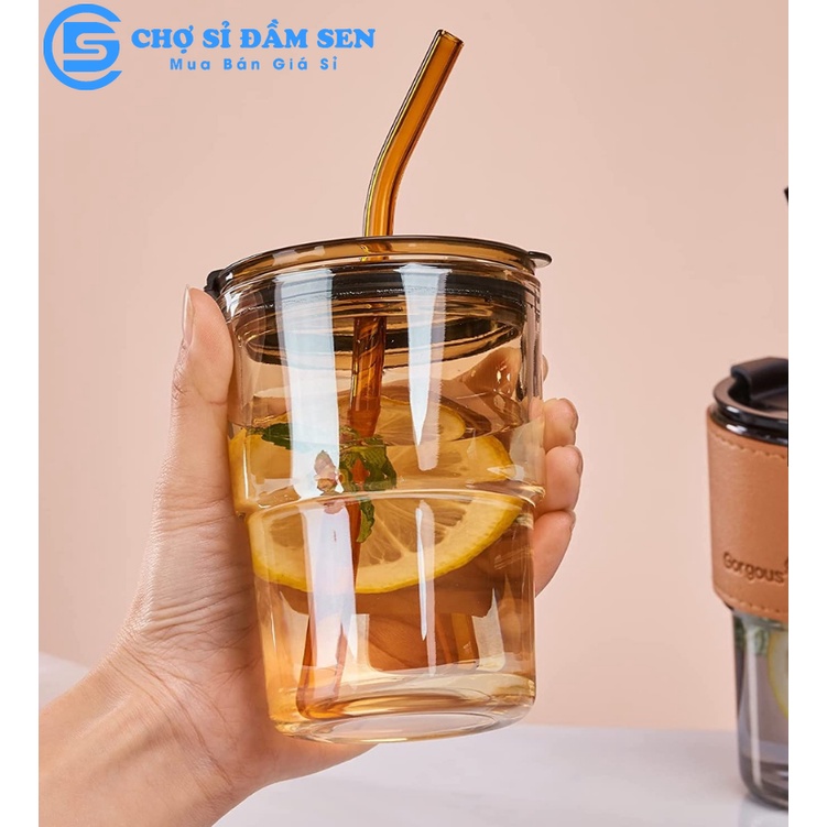 Ly thủy tinh có nắp đậy và ống hút bọc da chống nóng dung tích 450ml G397-LyBaoDa