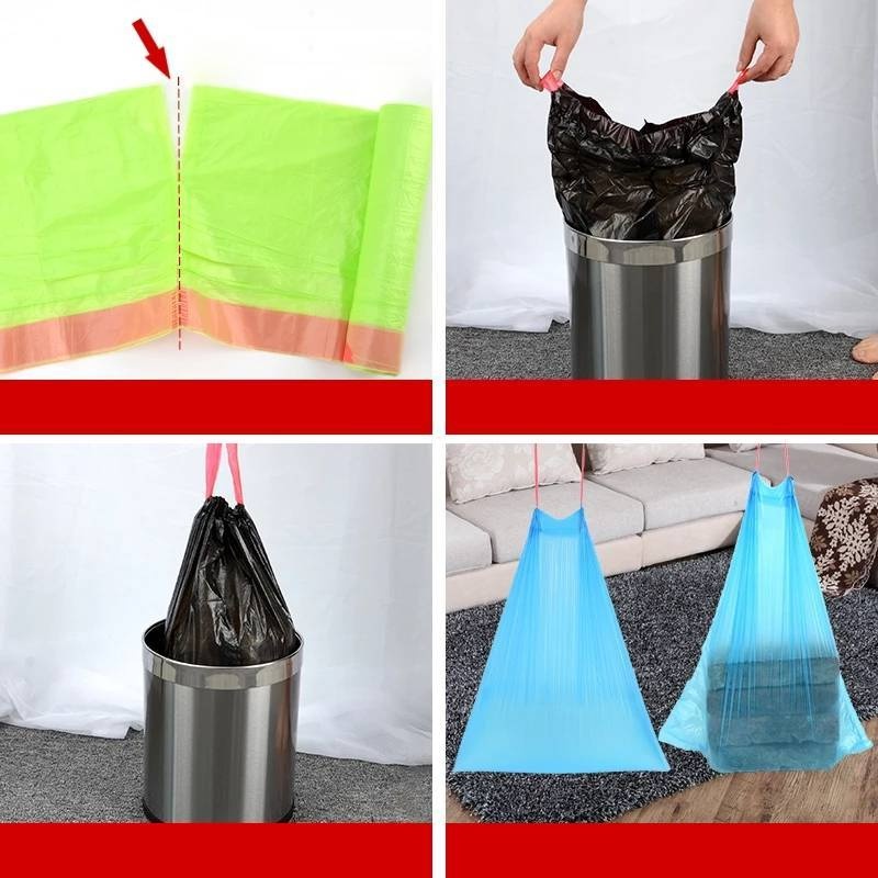 Cuộn 15 túi đựng rác bằng PE rút dây tự động dùng một lần cho nhà bếp/ hộp đựng rác/ túi rác màu ngẫu nhiên