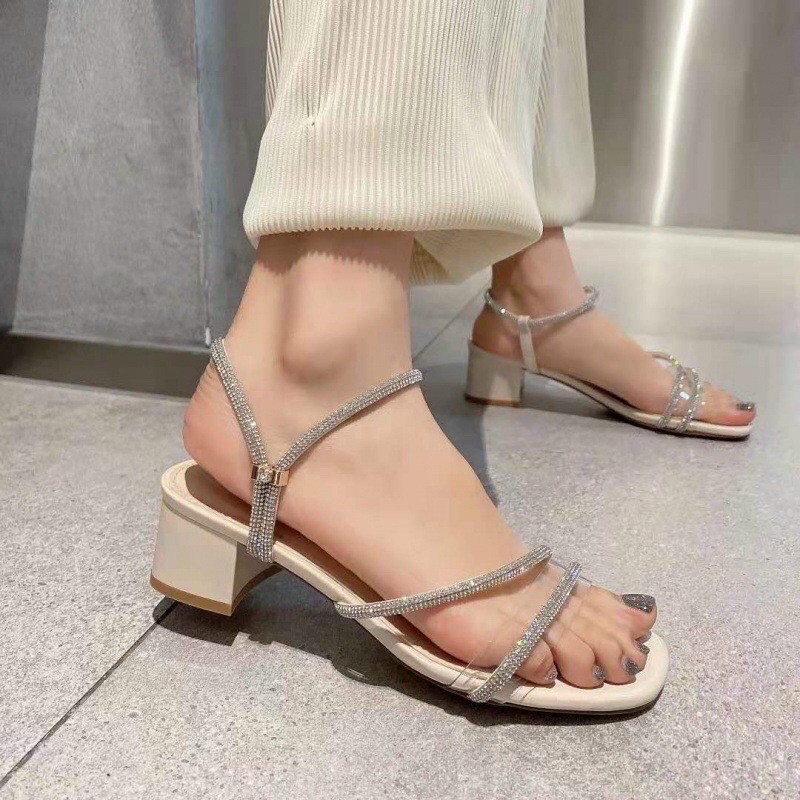 Dép sandal cao gót 5p quai đính đá thời trang