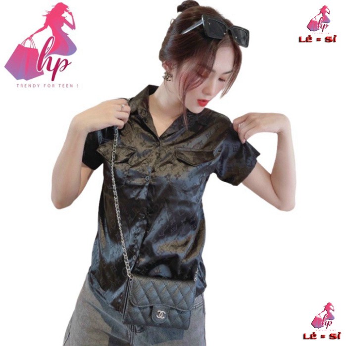 Áo sơ mi nữ voan lụa bóng dày mịn dập nổi logo trendy mẫu 2021 - mới