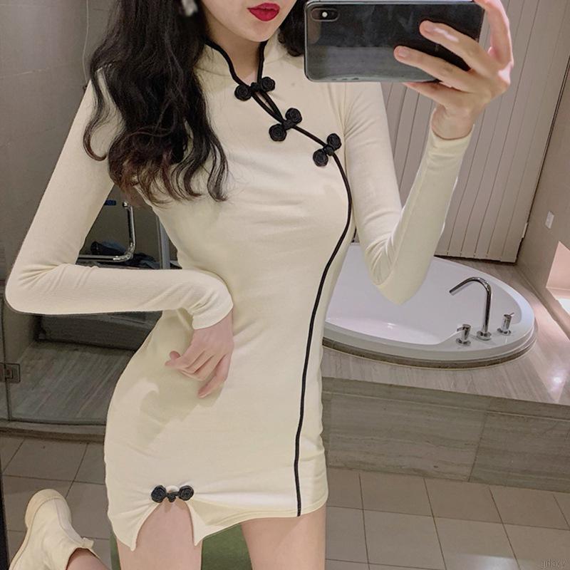 Đầm Sườn Xám Thiết Kế Tay Dài Phối Màu Tương Phản Gợi Cảm Kiểu Hàn Quốc