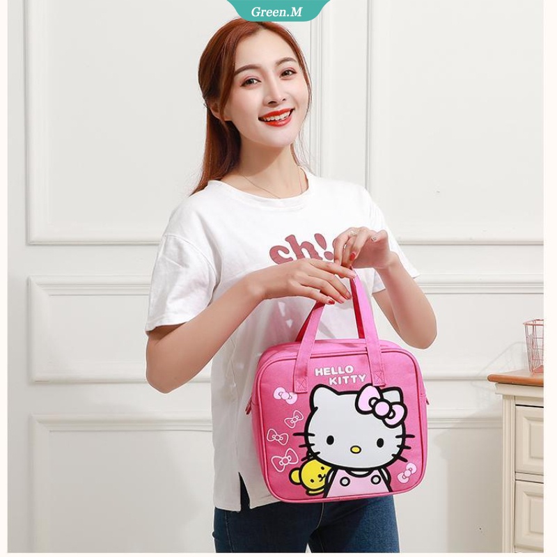SANRIO Túi Đựng Hộp Cơm Trưa Xách Tay Bằng Vải Bạt Họa Tiết Hoạt Hình Hello Kitty Dễ Thương Chống Thấm Nước Cho Bé