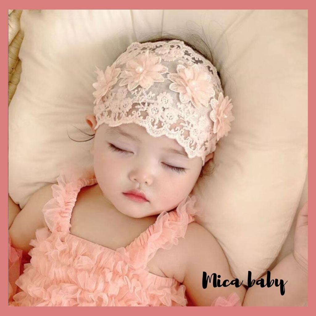 Băng đô turban cho bé vải ren mềm đính hoa xinh xắn đáng yêu BD72 Mica baby