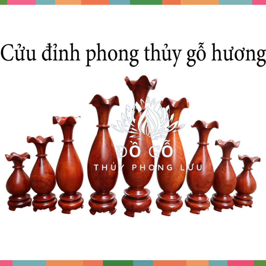 Bộ cửu đỉnh gỗ hương đá nguyên khối-Lục bình tiện tròn phong thủy