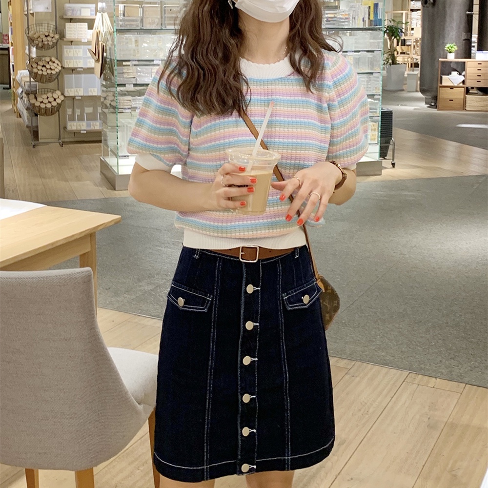 Áo Thun Tay Ngắn Phồng Họa Tiết Sọc Thời Trang Dành Cho Nữ