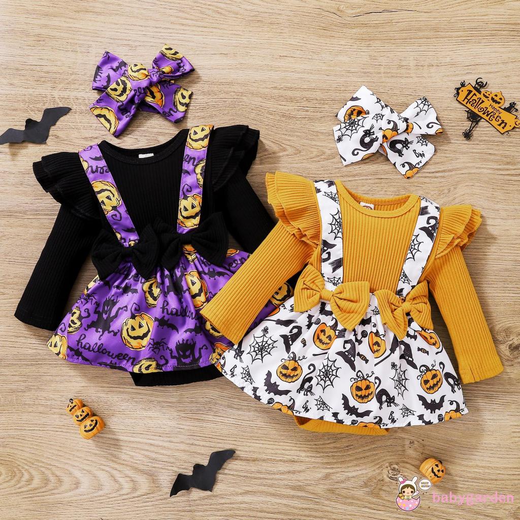 Bộ Áo Liền Quần Tay Dài Có Gân Và Băng Đô In Họa Tiết Bí Ngô Halloween Dành Cho Bé Gái 0-24 Tháng Tuổi