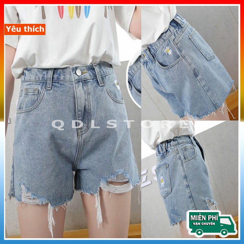 Quần Short Jeans Nữ 🍓FREESHIP🍓 Quân Ngố Lửng Nữ Dáng Xuông Vải Bò Thêu Hoa Cúc
