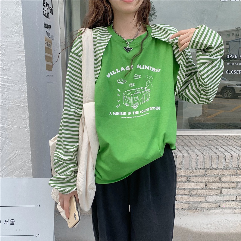 Áo Thun Cổ Tròn Kẻ Sọc Dáng Rộng Dài Tay Phối Lớp Ngoài Thời Trang Cá Tính 54591