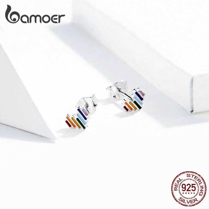 Hoa tai đinh tán BAMOER SCE787 bằng bạc men hình trái tim màu cầu vồng tối giản cho nữ