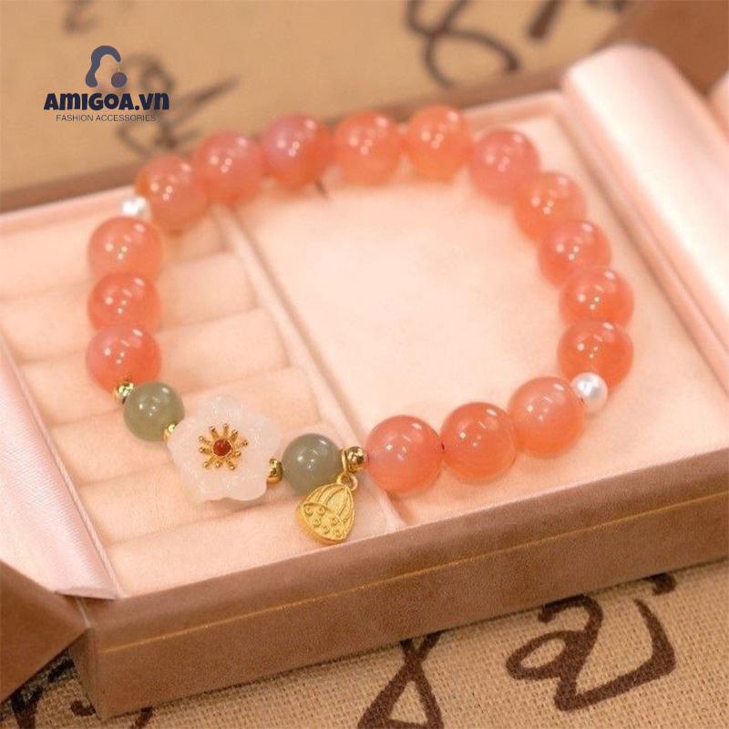 ✨✨Vòng Tay Dây Bện Xỏ Hạt Đá Ngọc Bích Hoa Đào Nhỏ Chuyển Đổi Dâu Tây Phong Cách Dân Tộc Dành Cho Bạn Nữ