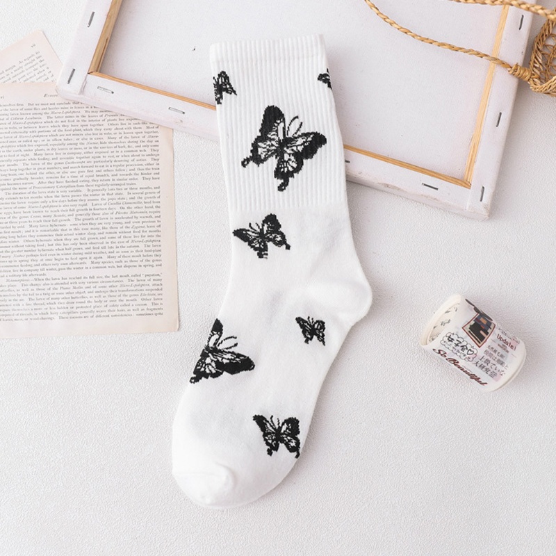 Vớ cotton ống vừa in hình bướm màu đen trắng phong cách Nhật Bản Harajuku Hip Hop thời trang đường phố cho nữ