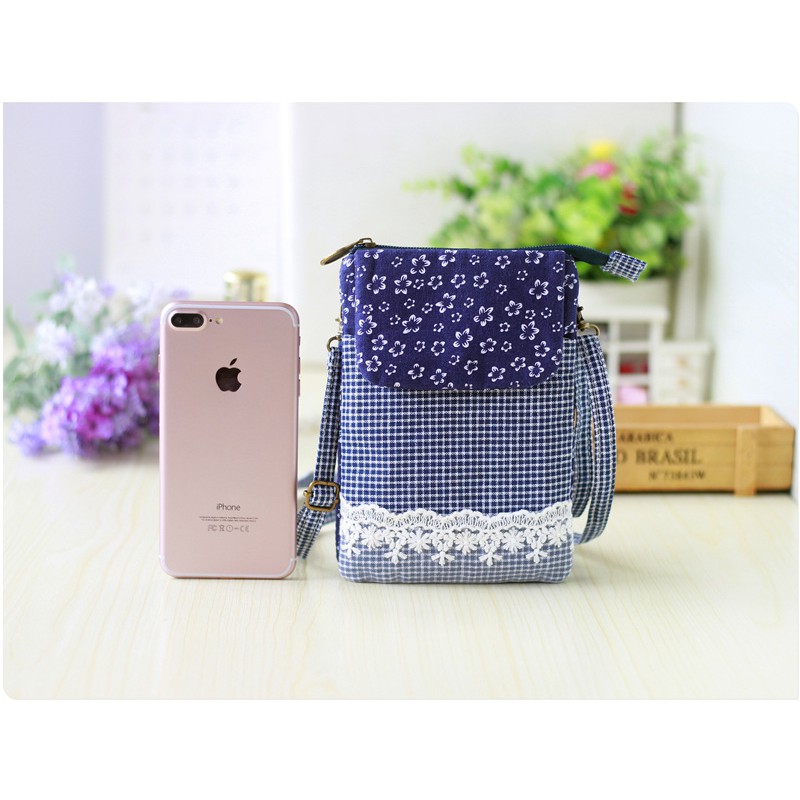 Túi Đựng Điện Thoại Bằng Vải Màu Xanh Dương Trắng Có Khóa Kéo Hai Bên Hông Và Túi Đựng Điện Thoại Di Động