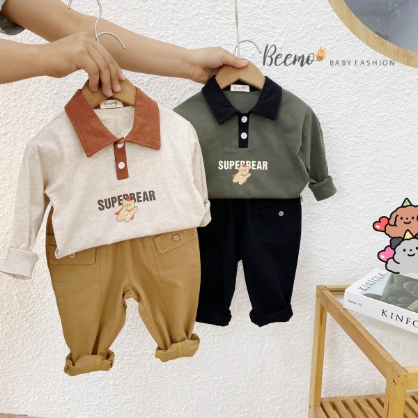 Bộ quần áo bé trai thời trang Hàn Quốc Beemo Áo dài tay polo hình gấu quần kaki đen be cho bé trẻ em - STB
