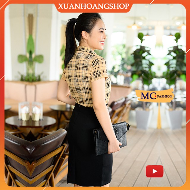 Áo Sơ Mi Nữ Công Sở Đẹp Mc Fashion, Họa Tiết Kẻ Sọc Caro, Tay Ngắn Cộc, Lửng, Lửng, Lỡ, Dài, Màu Đen, Đỏ Vàng, Be A699