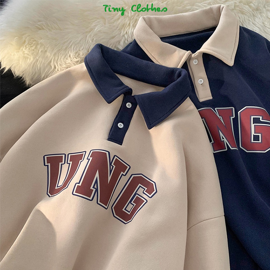 Áo Sweater Unisex Tay Dài U-N-G Form Rộng Vải Nỉ Bông Cổ Polo Phong Cách Ulzzang